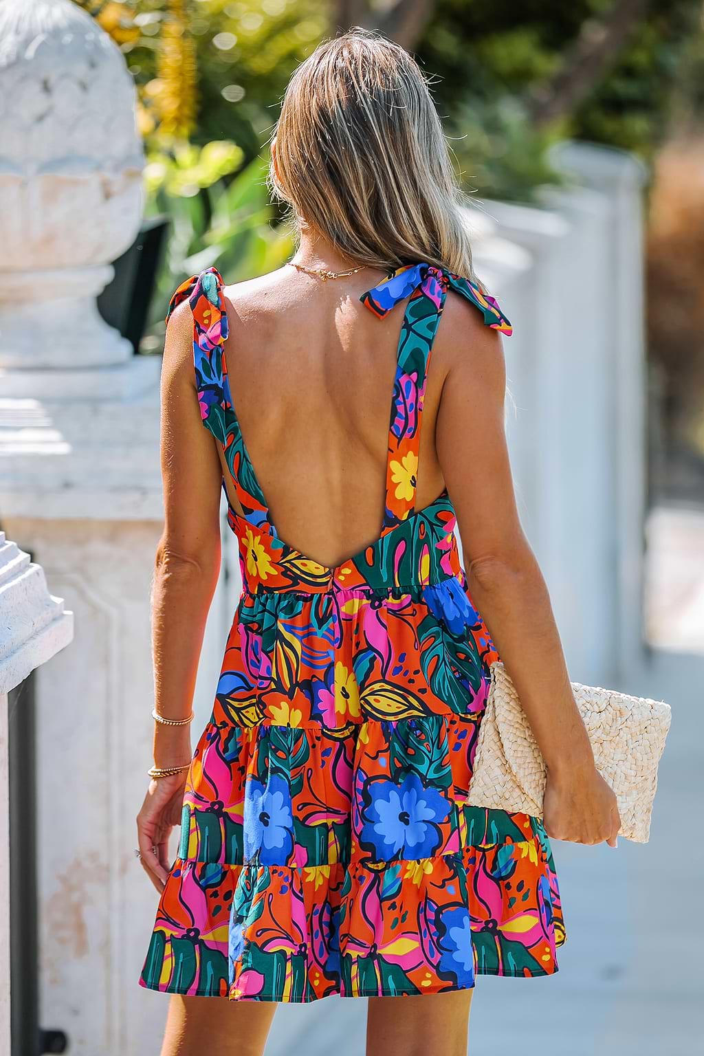 Vibrant Floral Print Tie Strap Mini Dress