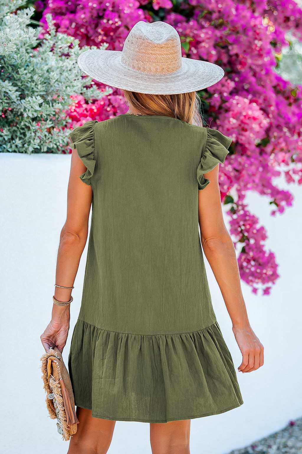 Olive Green Button-Front Flounce Dress