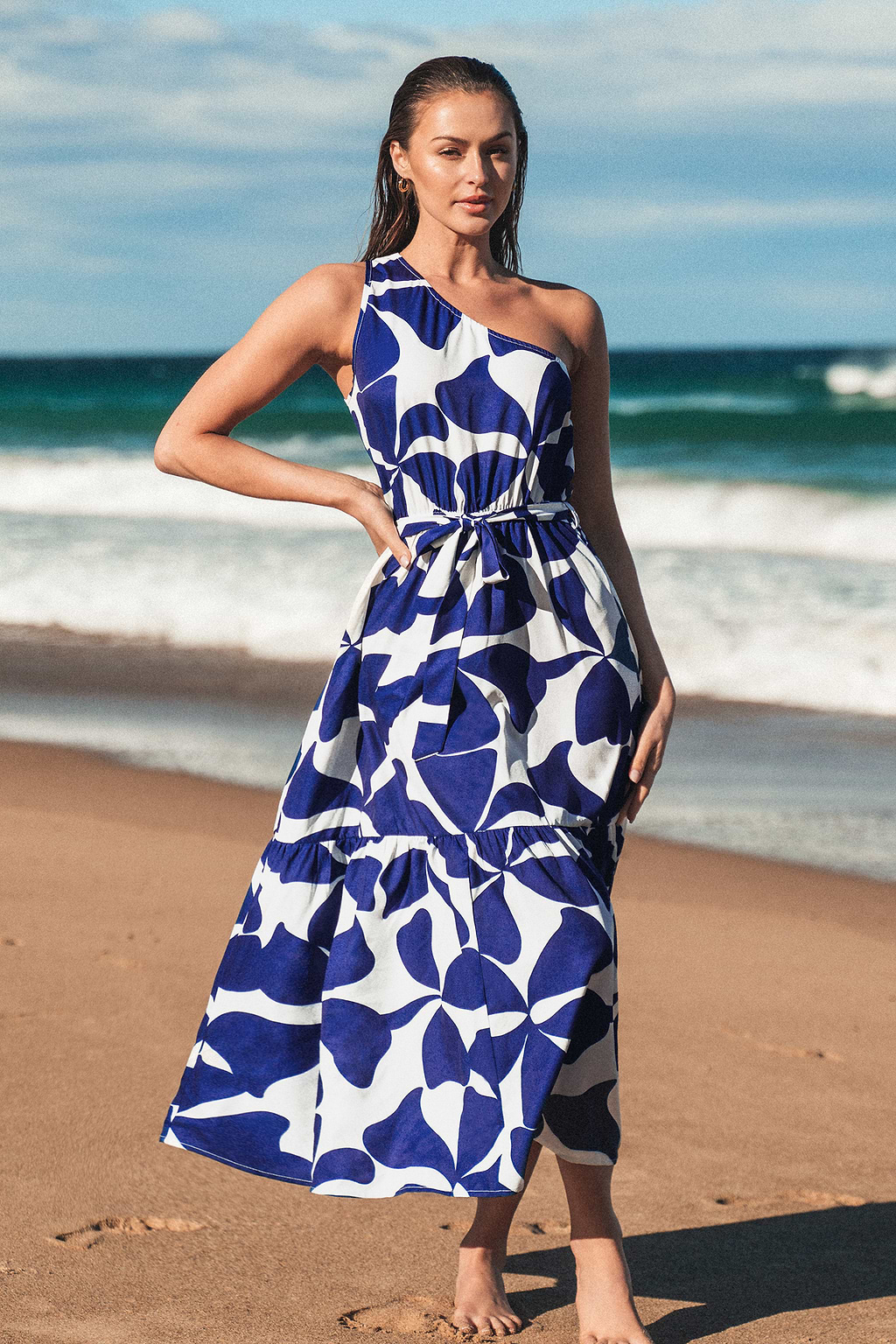 Belted Geo Print One-Shoulder Dress
