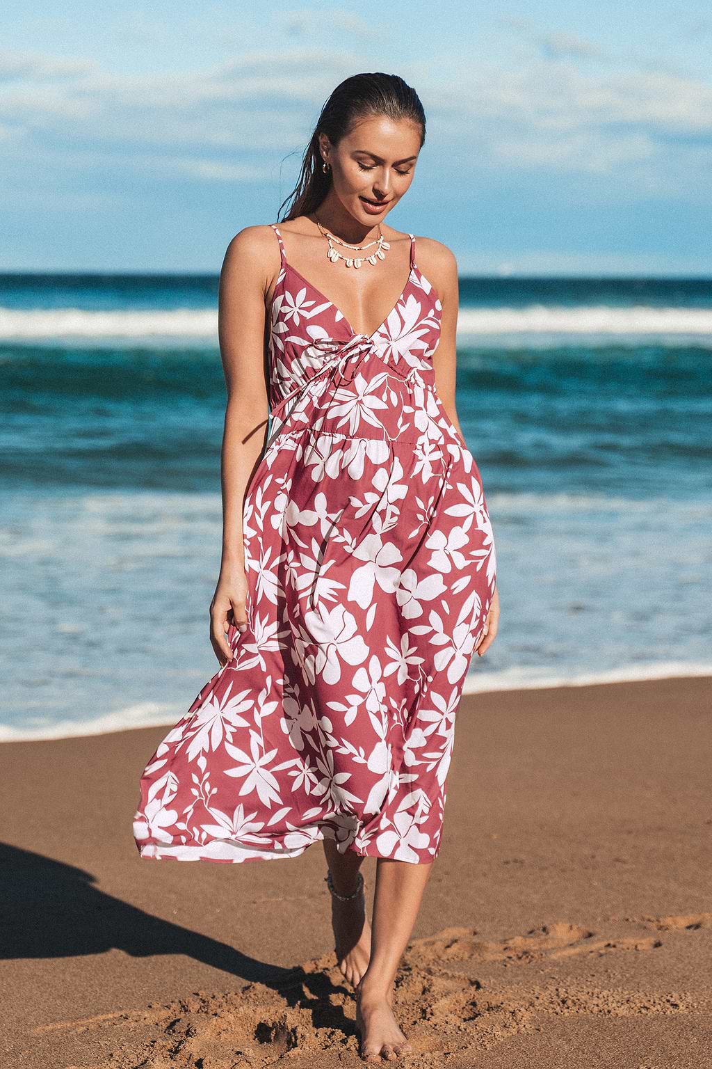 Floral Print Plunging Drawstring Dress