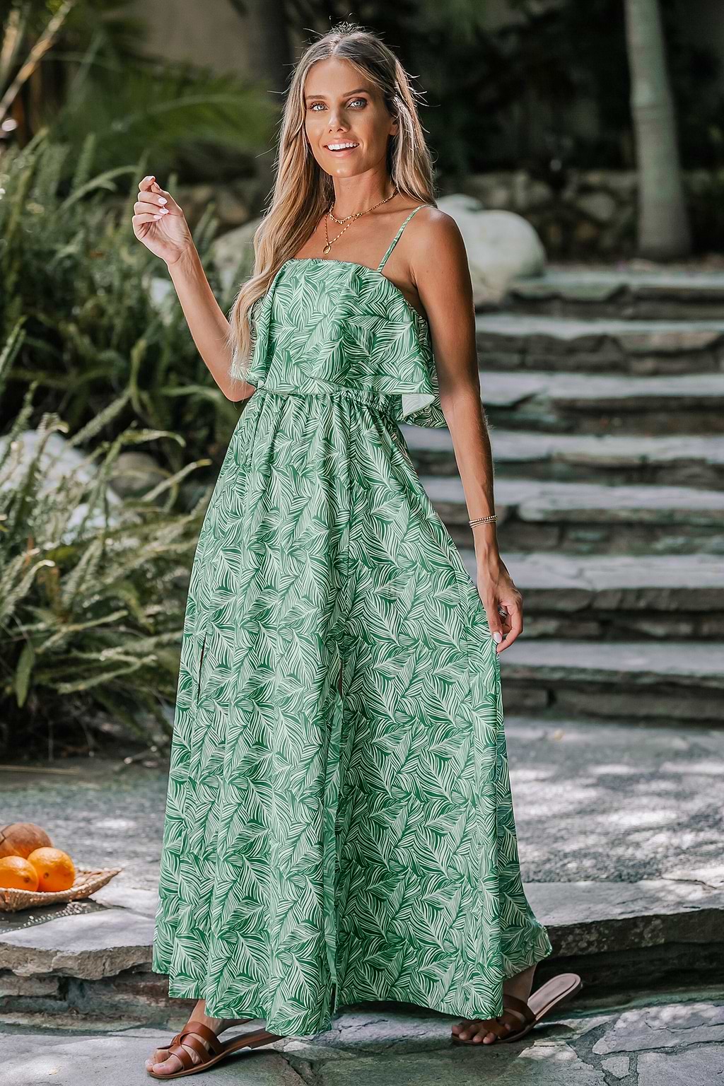 Tropical Leaf Print Flounce Maxi Dress
