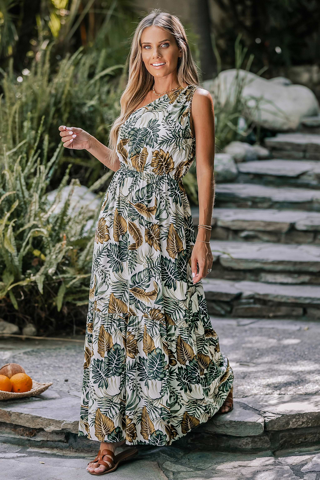 Tropical Leaf Print One-Shoulder A-shape Dress