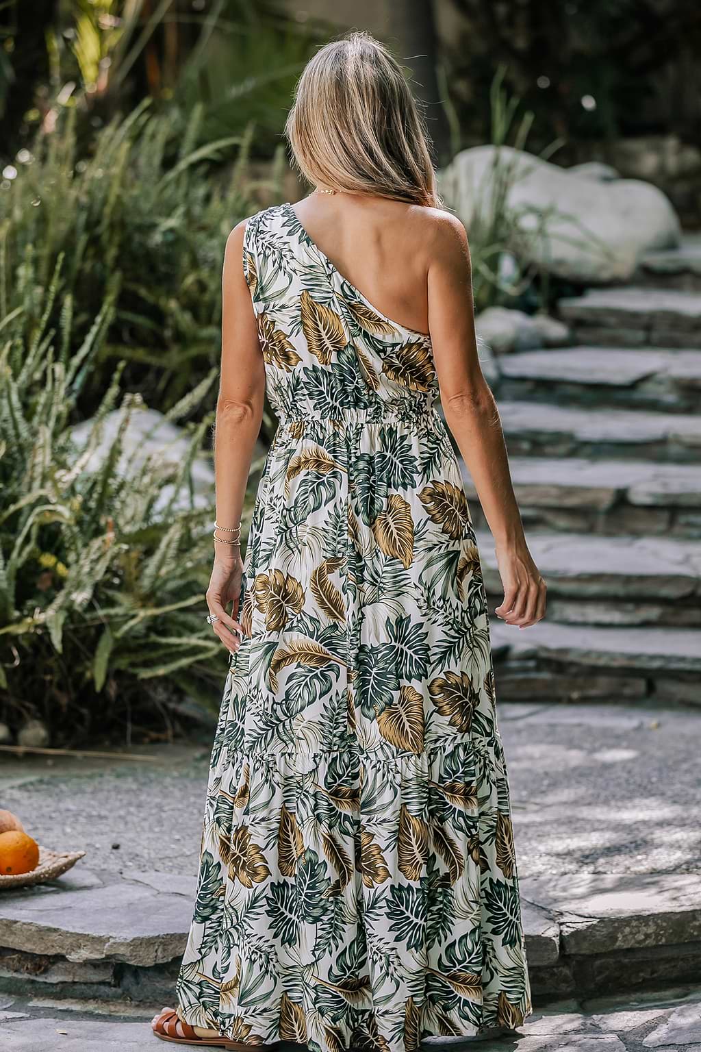 Tropical Leaf Print One-Shoulder A-shape Dress