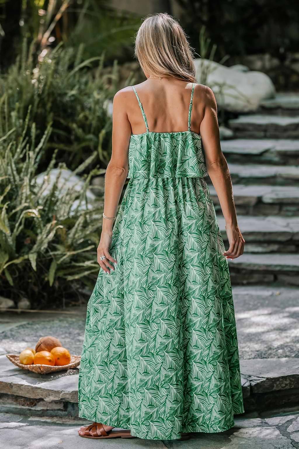 Tropical Leaf Print Flounce Maxi Dress