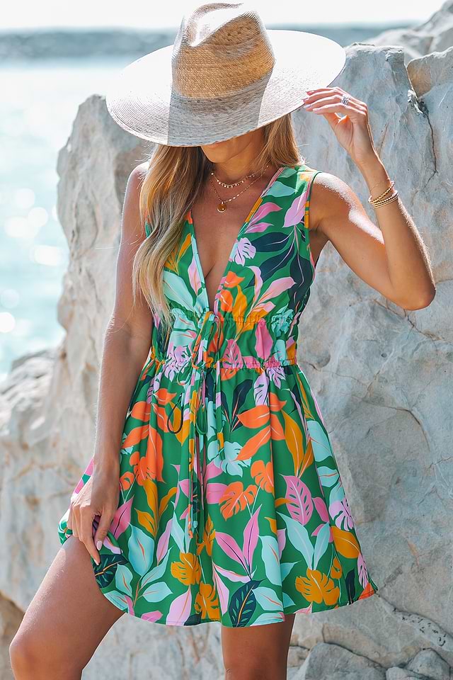 plunge beach dress Floral Print Ruffle Detail Sheer Mesh Maxi Beach Dress