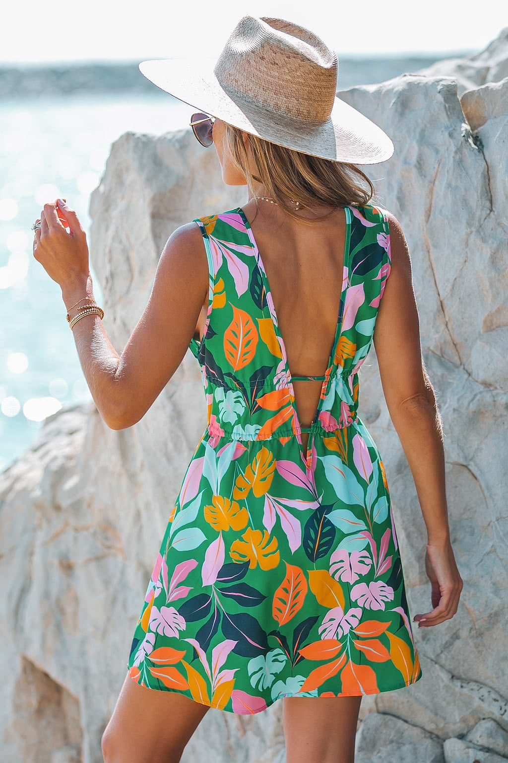 Tropical Leaf Print Plunge Mini Dress