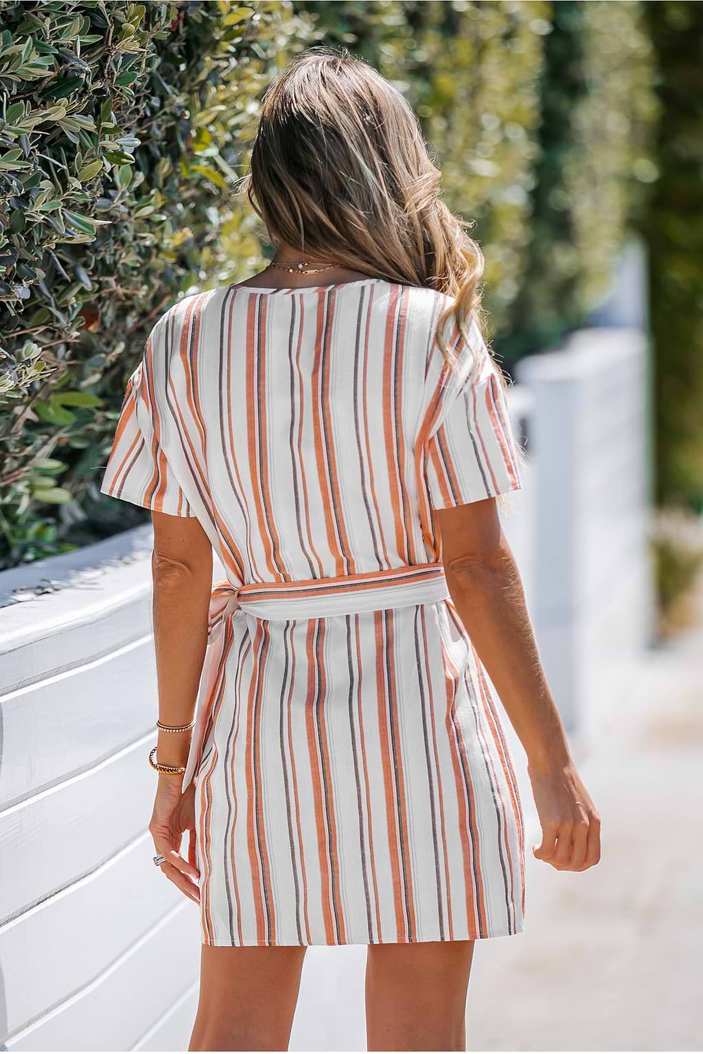 Belted Striped Wrap Mini Dress