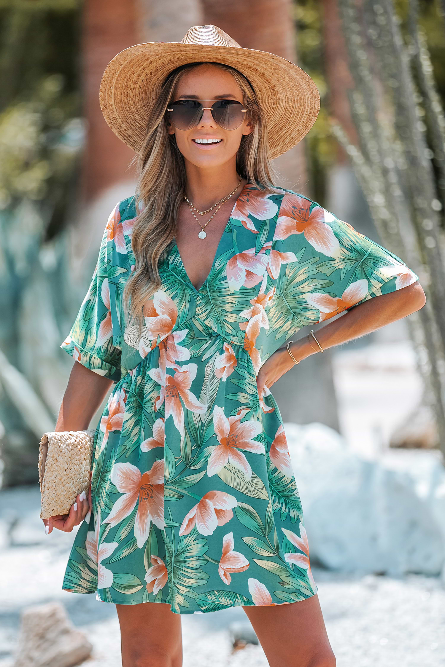 Tropical Floral Leaf Print V-Neck Dress