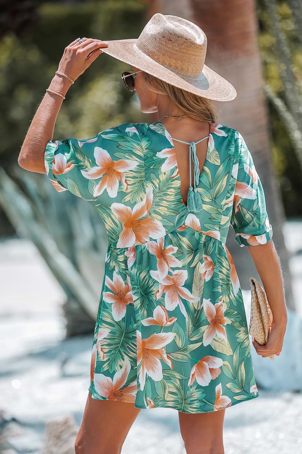 Tropical Floral Leaf Print V-Neck Dress