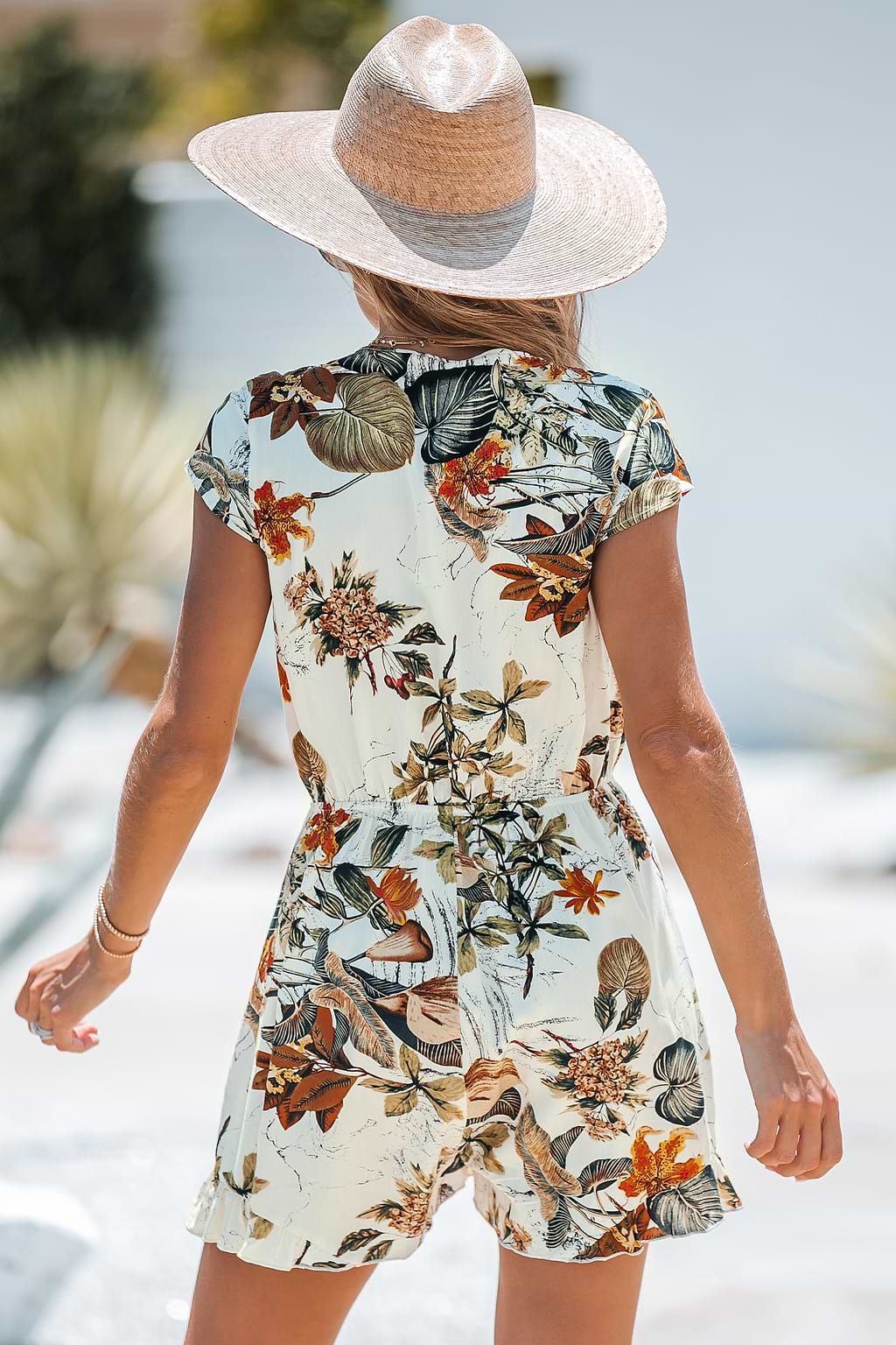 Tropical Leaf Print Knotted Front Romper