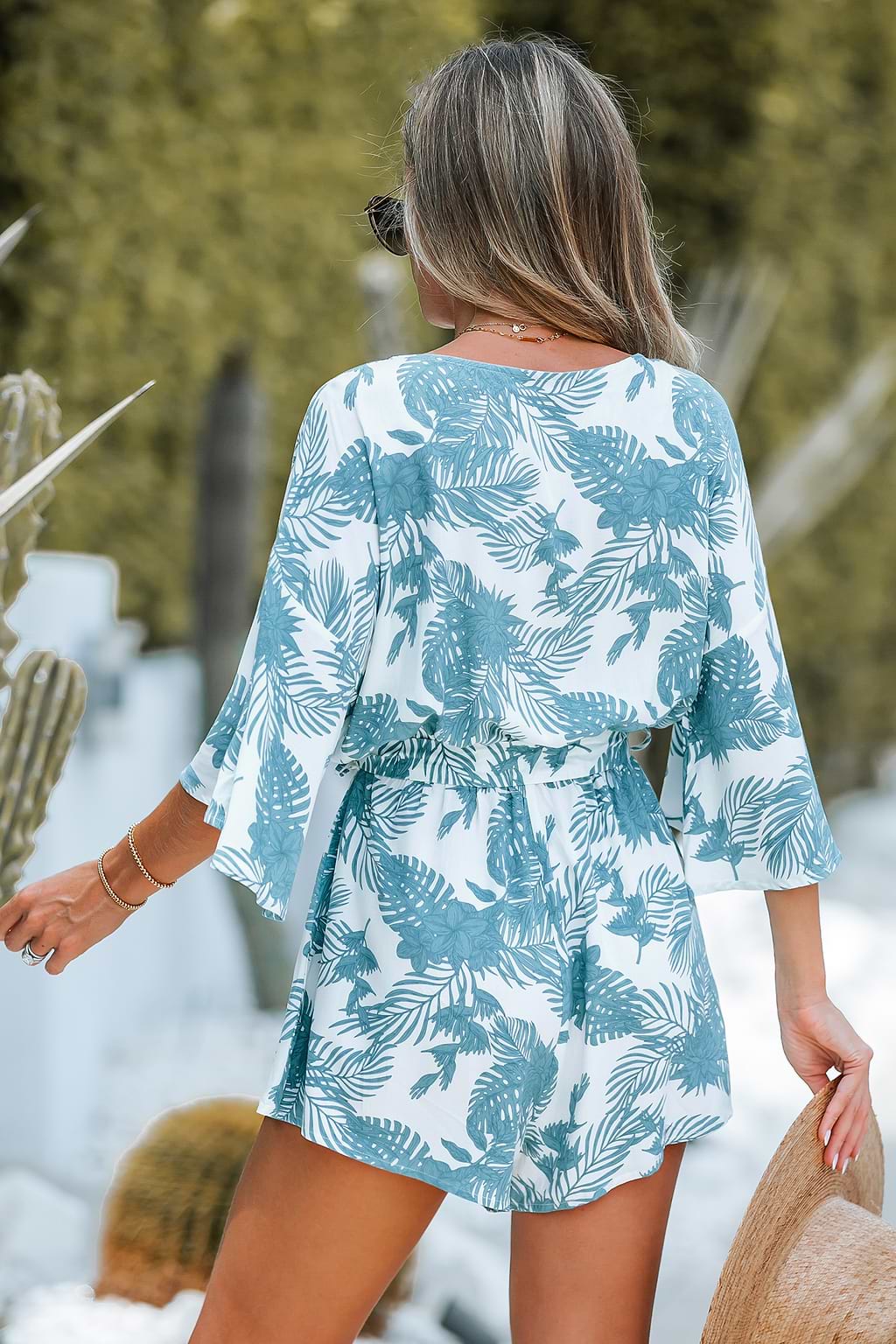 Tropical Floral Leaf Print Belted Romper