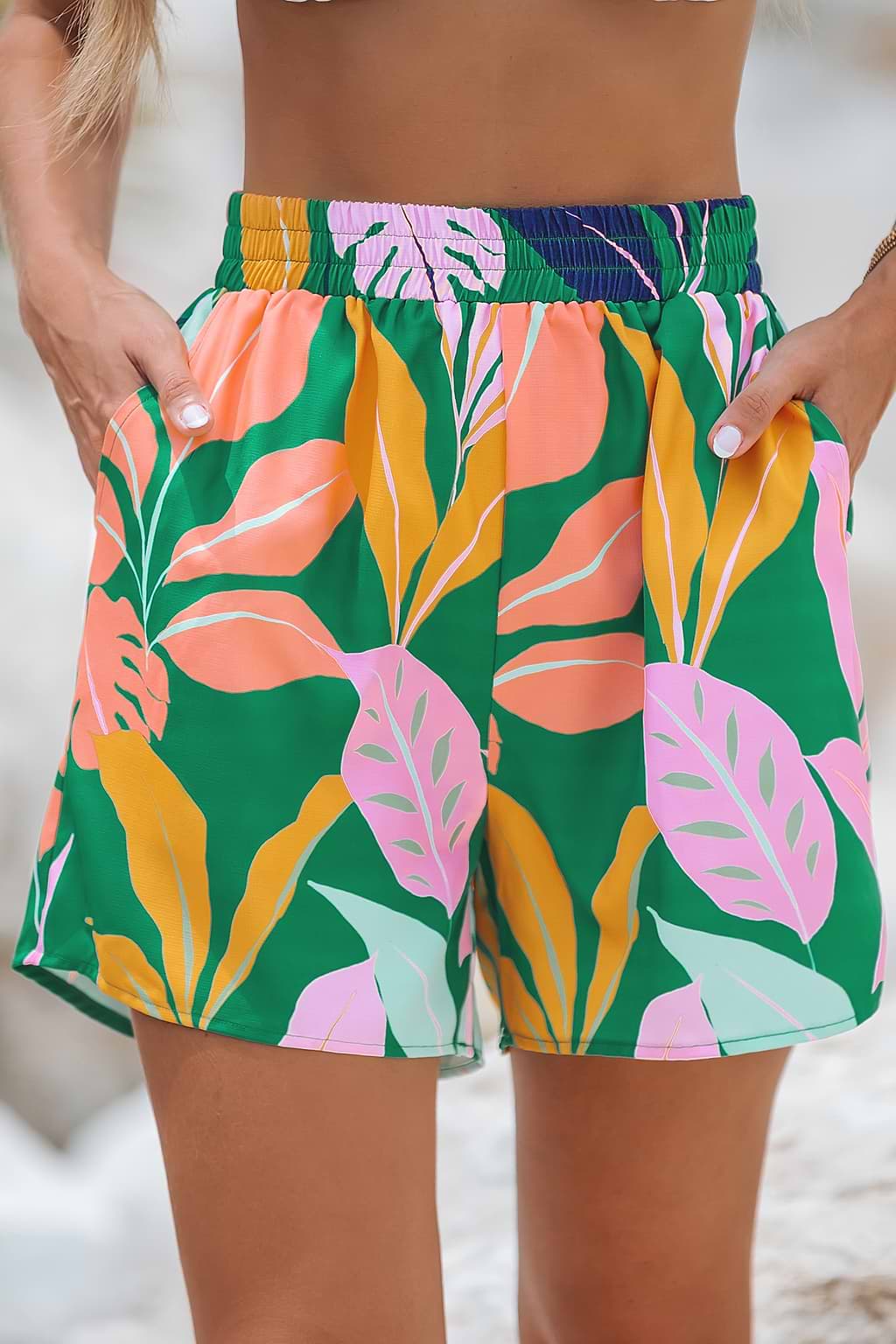 Tropical Leaf Print High Waist Shorts