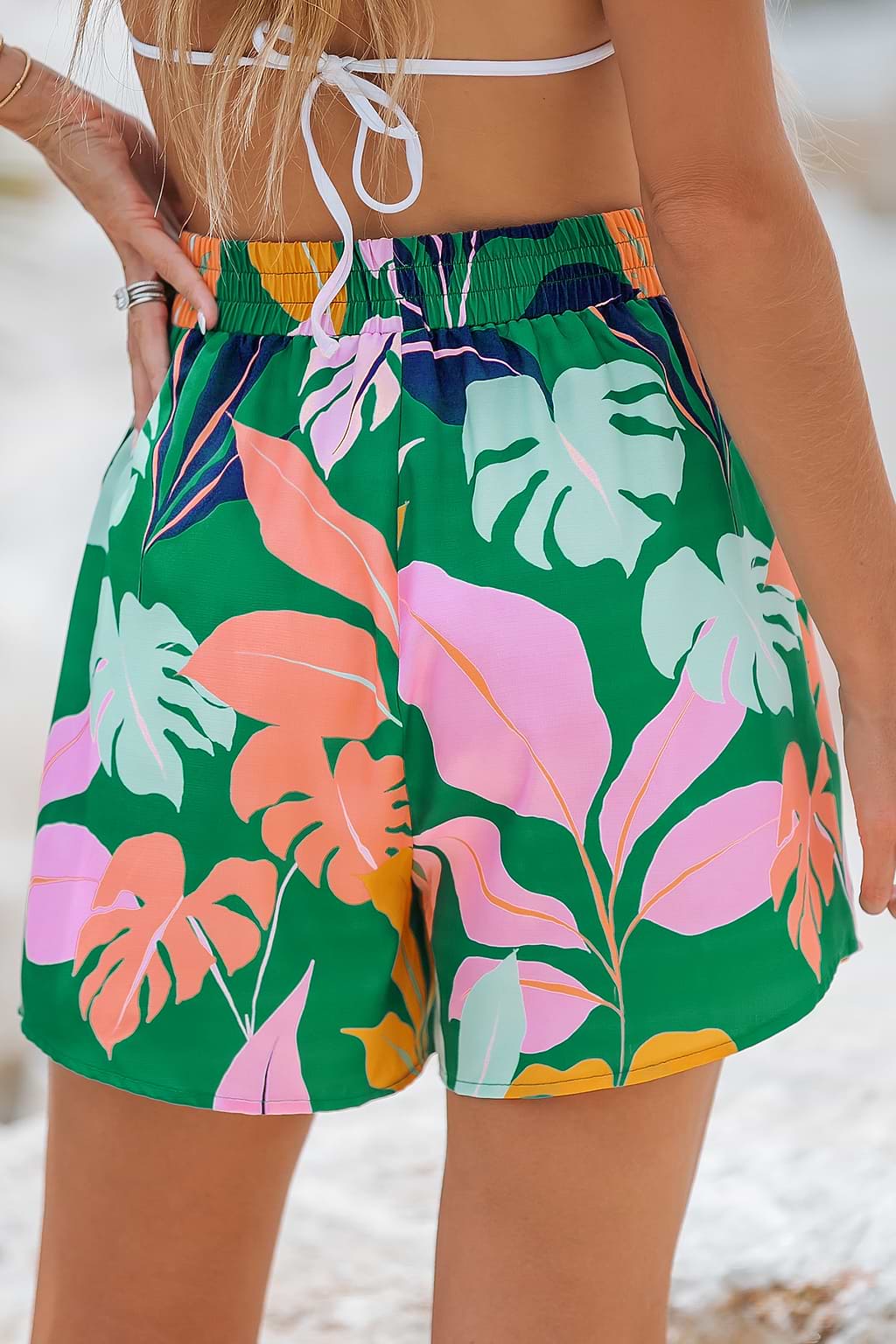 Tropical Leaf Print High Waist Shorts