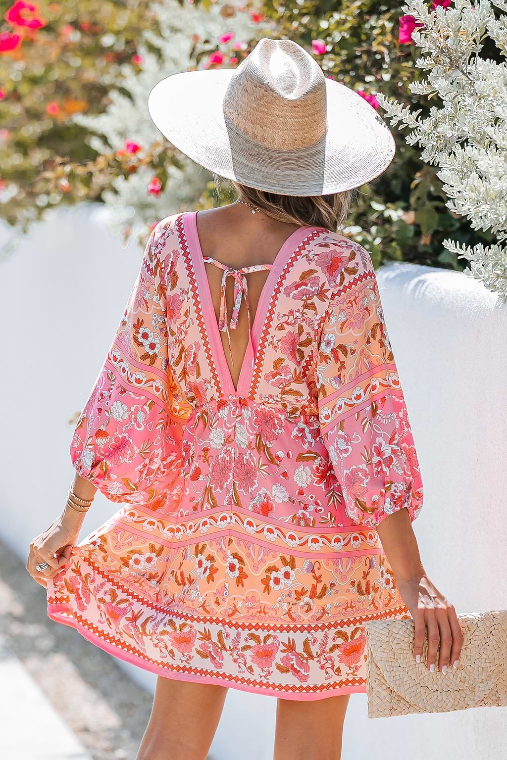 Floral Paisley Print Drawstring Mini Dress