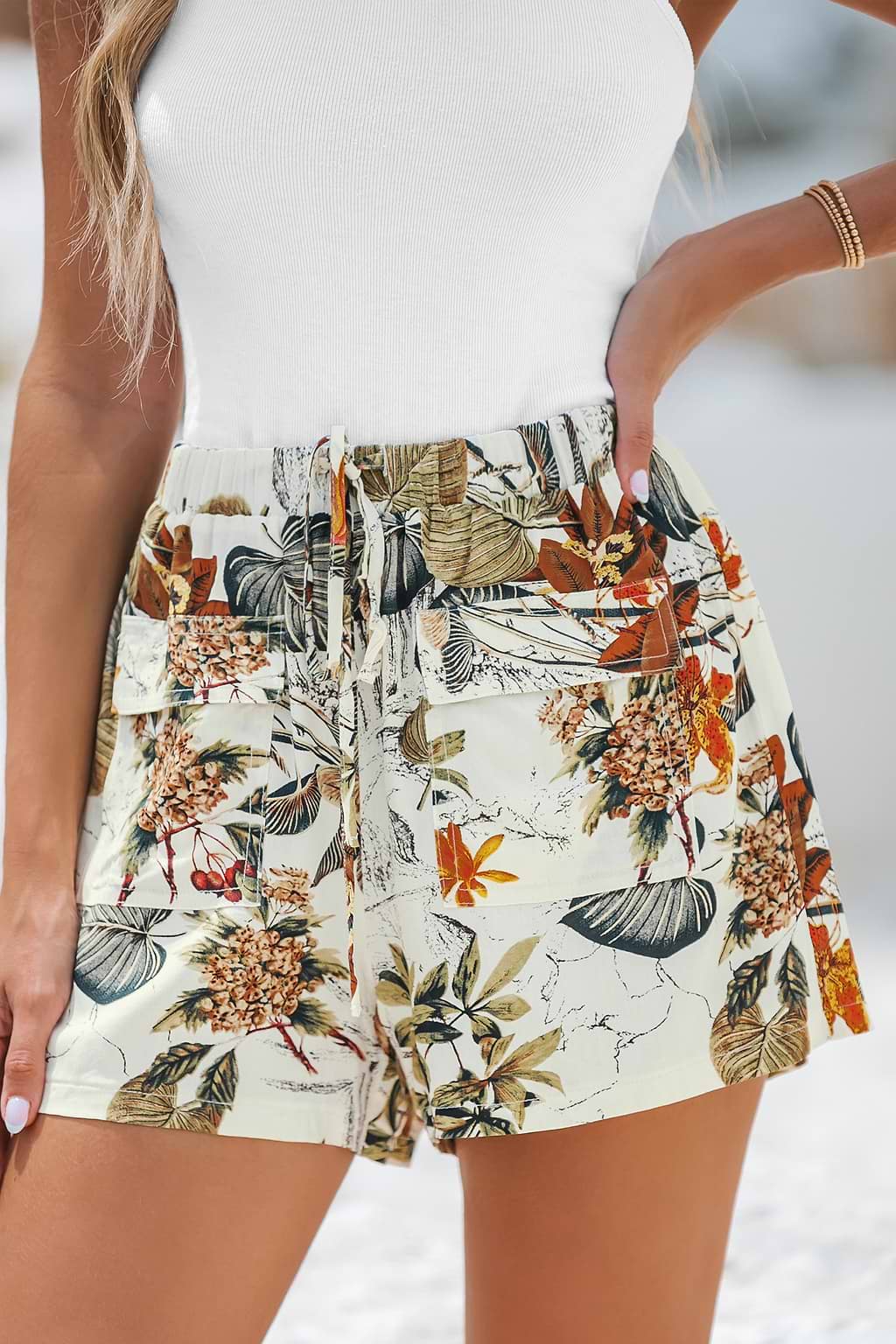 Tropical Leaf Print Pocket Shorts