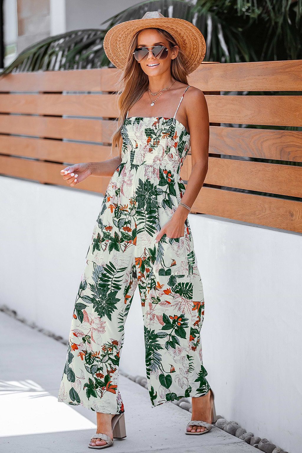 Tropical Floral Print Smocked Cami Jumpsuit