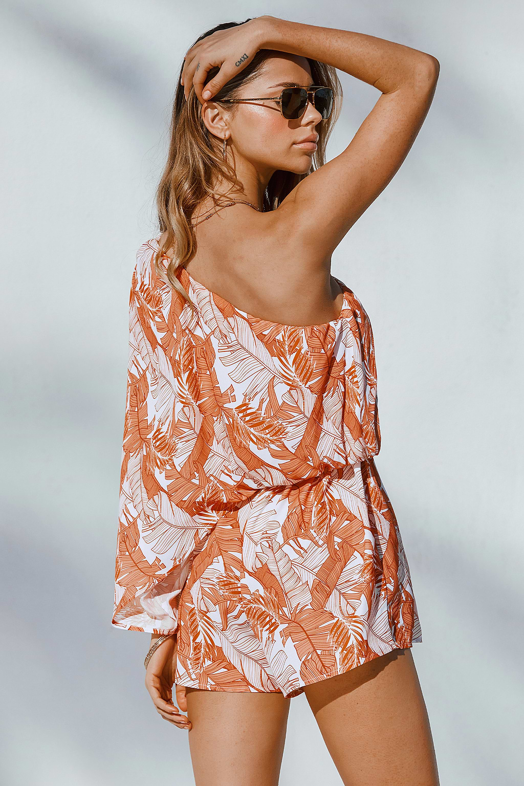 Orange Tropical Leaf Print One-Shoulder Romper