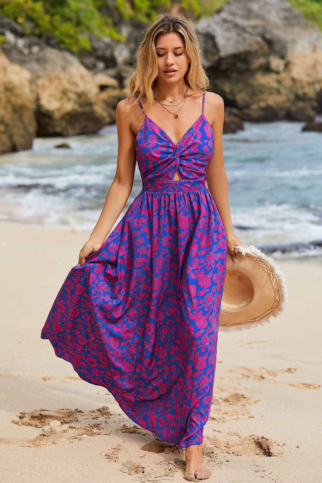 Floral Print Knotted V-Neck Maxi Dress