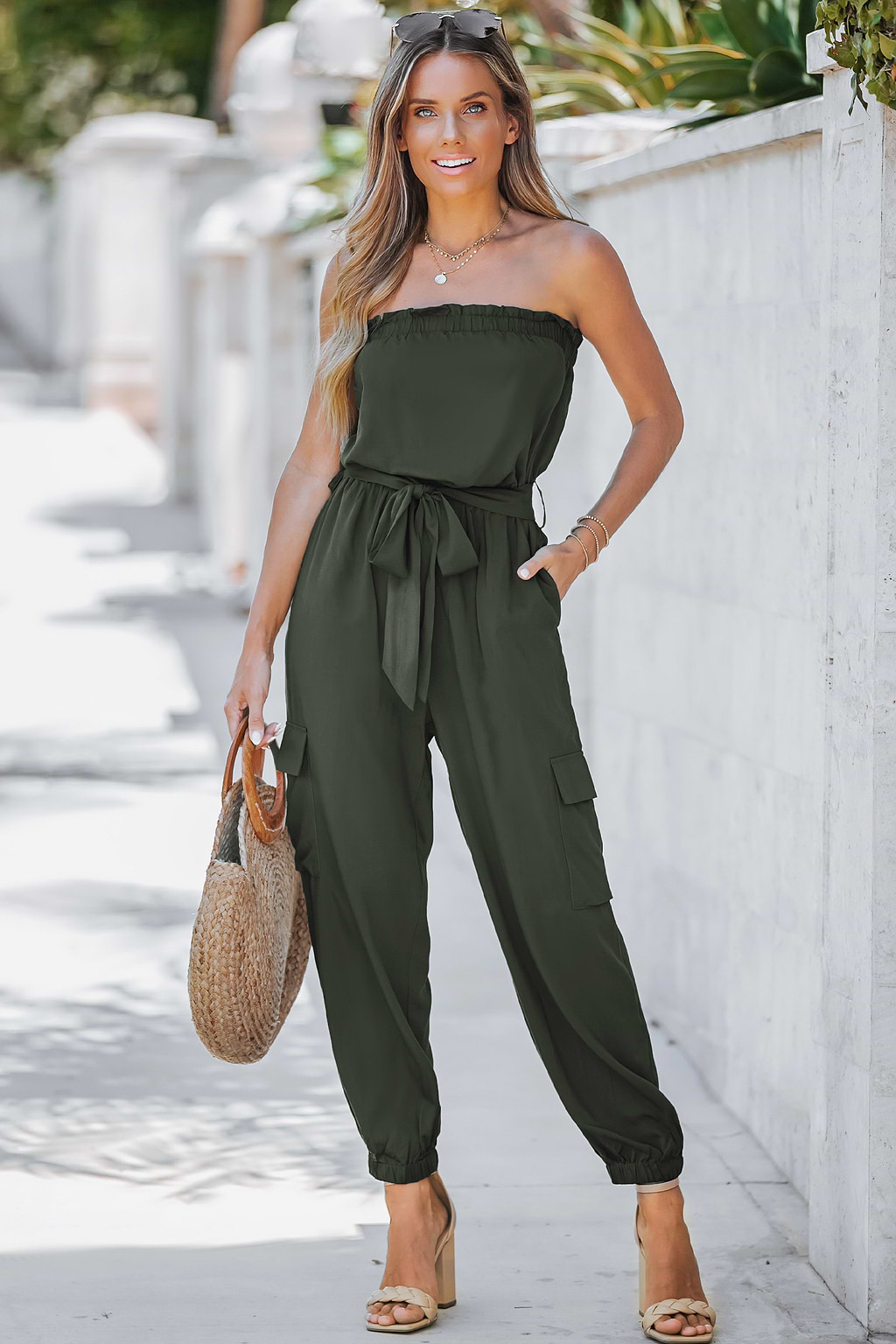 Belted Ruffled Tube Jogger Jumpsuit