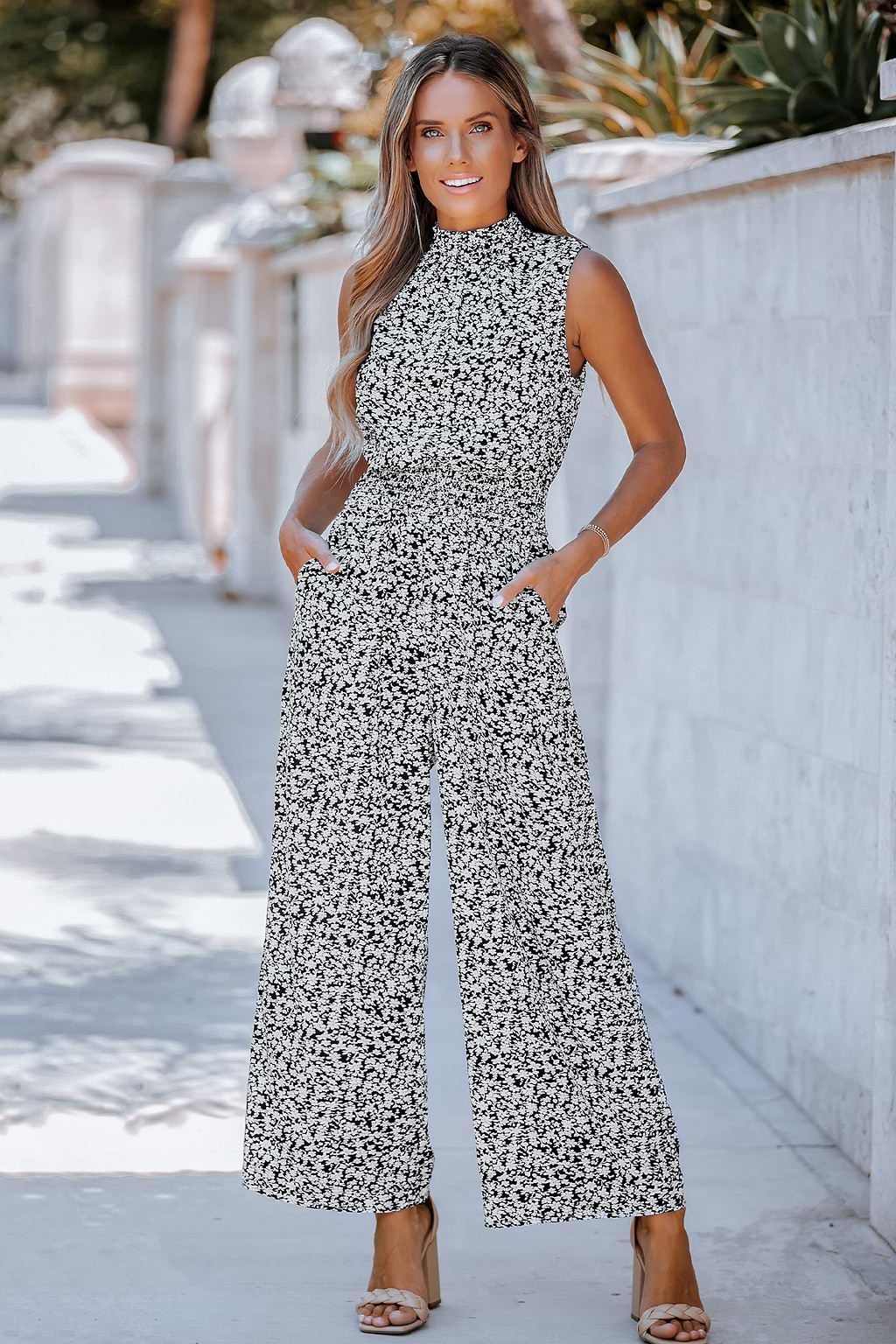 Ditsy Floral Smocked Mock Neck Jumpsuit