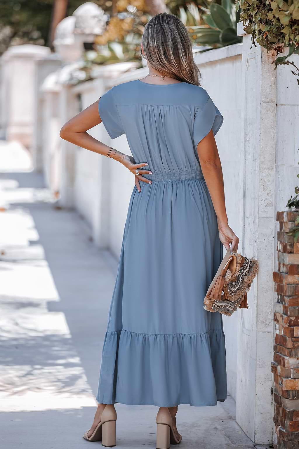 Light Blue V-Neck Short Sleeve Dress
