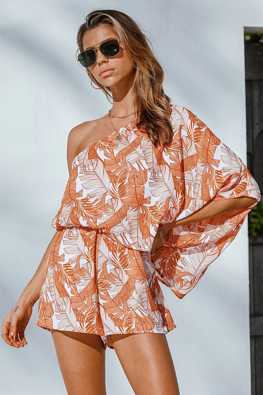 Orange Tropical Leaf Print One-Shoulder Romper