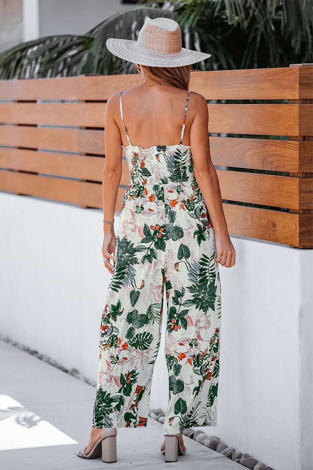 Tropical Floral Print Smocked Cami Jumpsuit