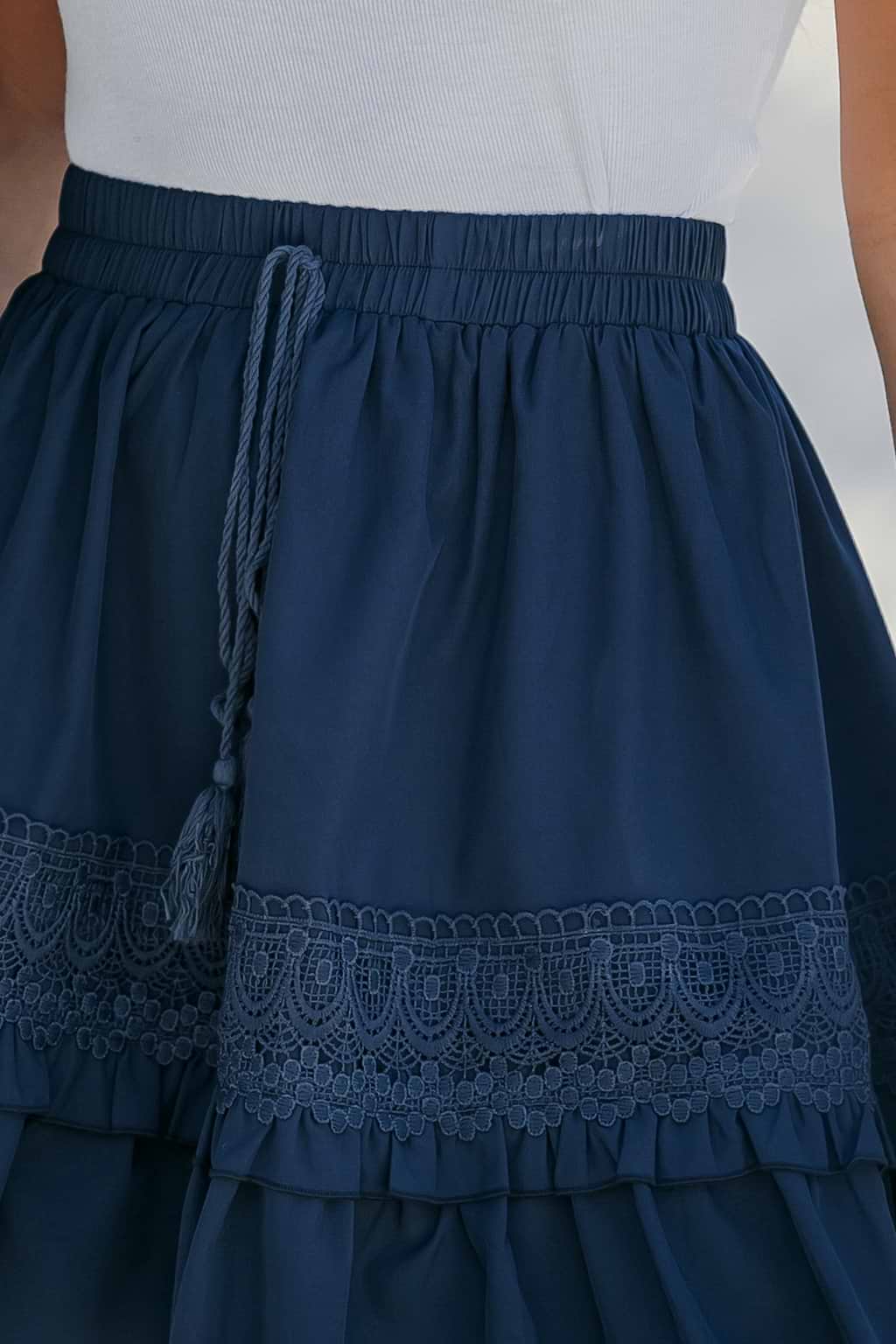 Midnight Blue Tassel Tie Lace Mini Skirt