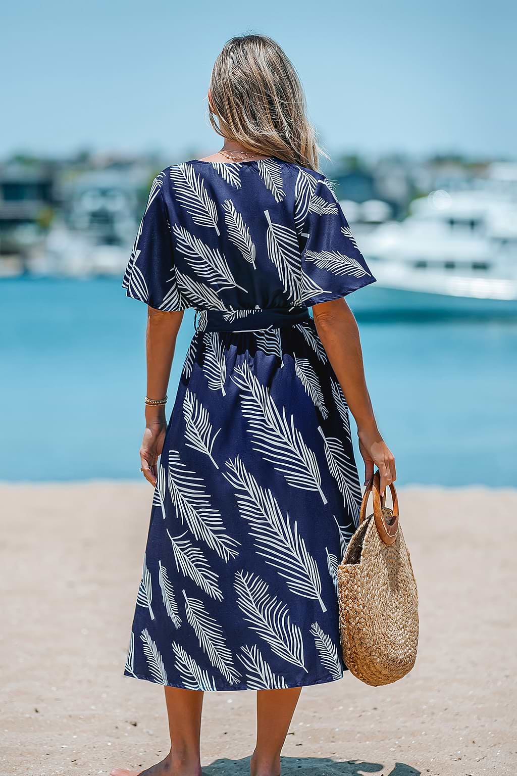 Belted Leaf Print Midi Dress