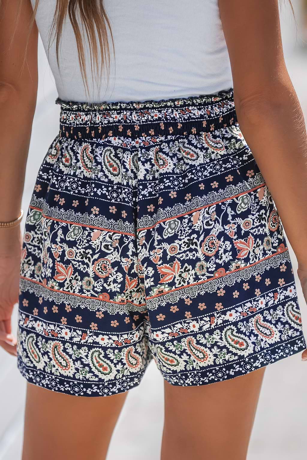 Floral Paisley Print Smocked Waist Shorts