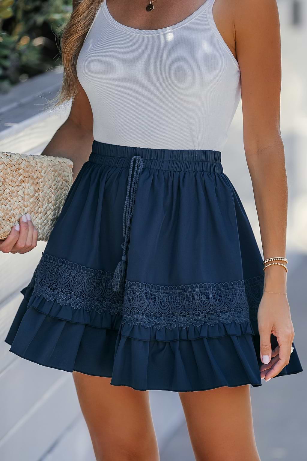Midnight Blue Tassel Tie Lace Mini Skirt