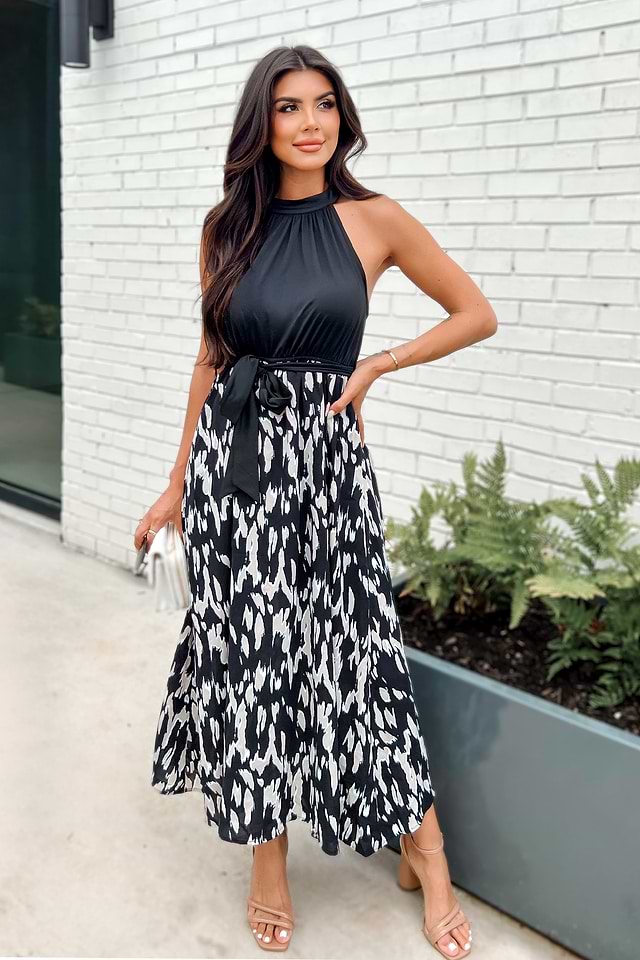 Speckled Print Belted Halter Dress Speckled Print Belted Halter Dress