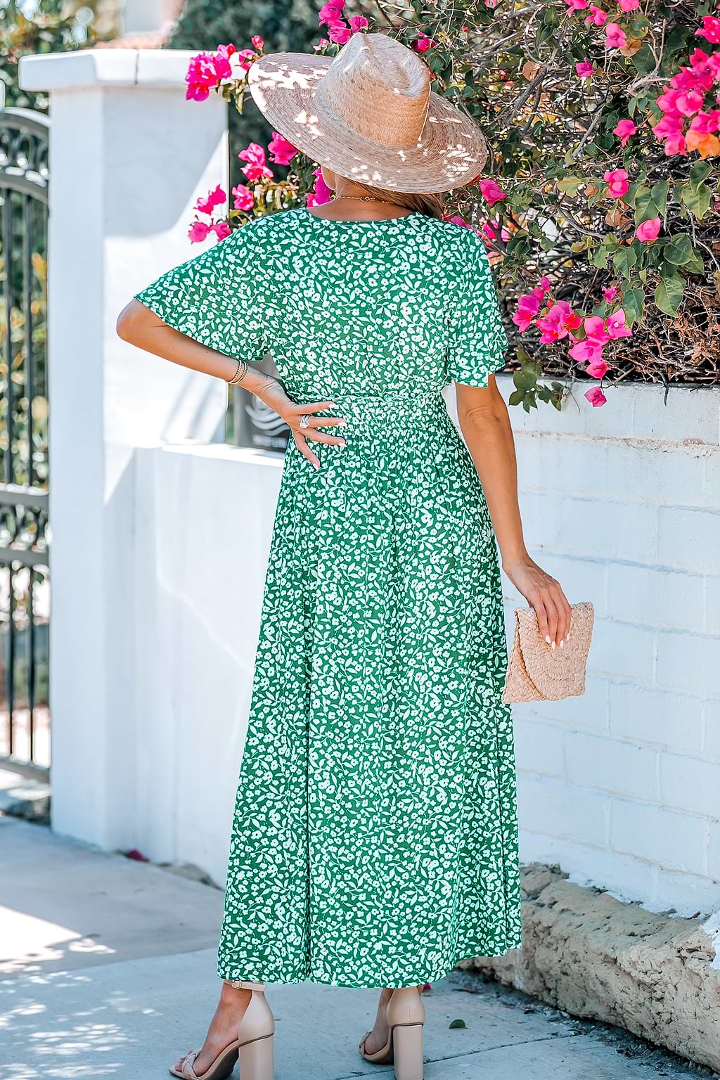 Robe maxi fleurie à smocks