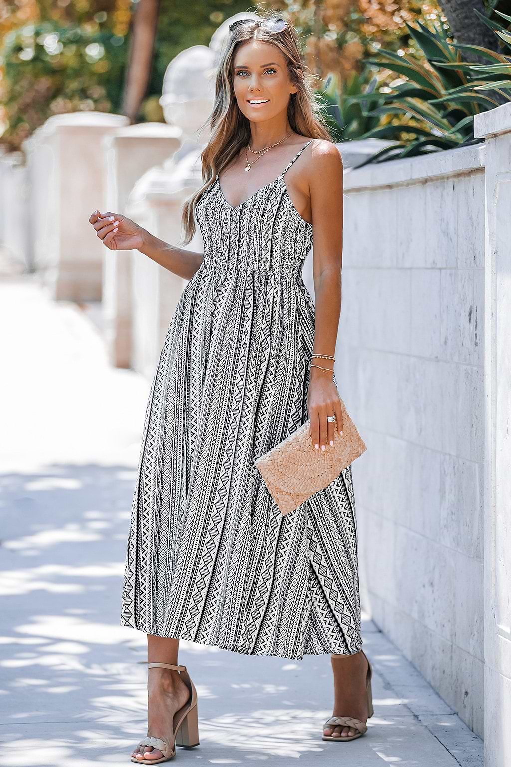 Geo Print Smocked V-Neck Maxi Dress