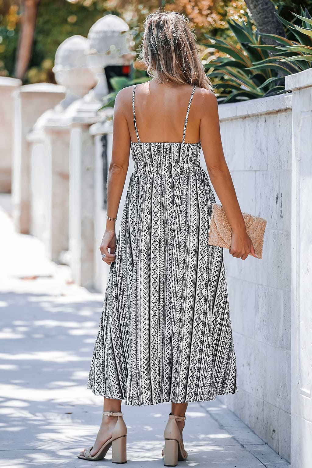 Geo Print Smocked V-Neck Maxi Dress