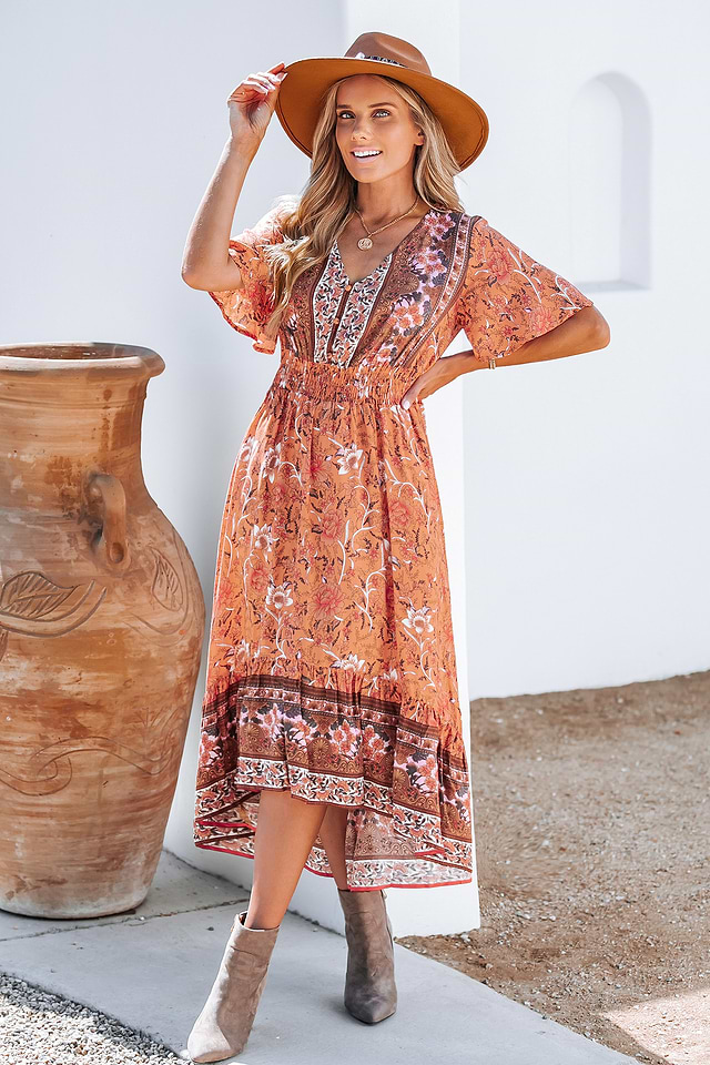 Floral Paisley Print Smocked Midi Dress