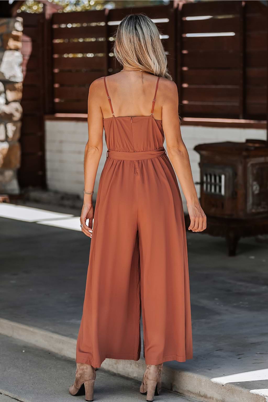 Crimson Belted Pleated Wide-Leg Jumpsuit