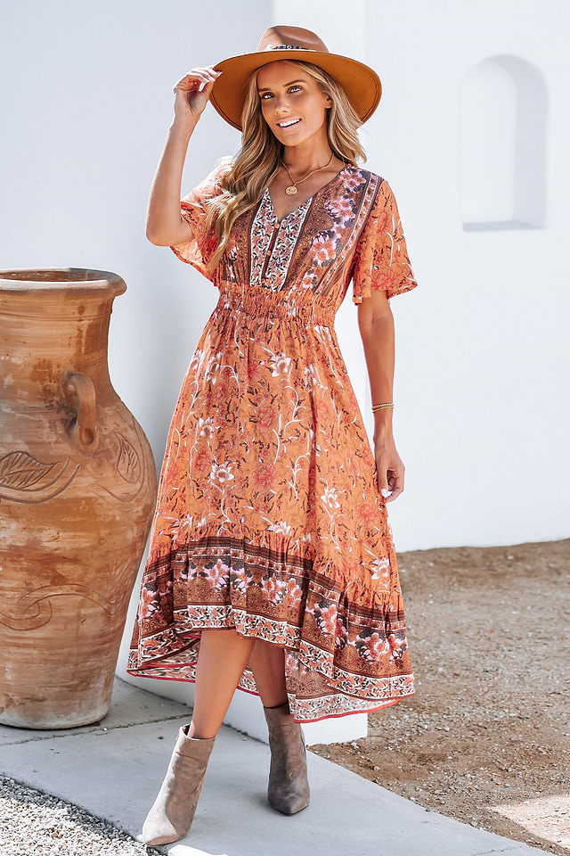 Floral Paisley Print Smocked Midi Dress