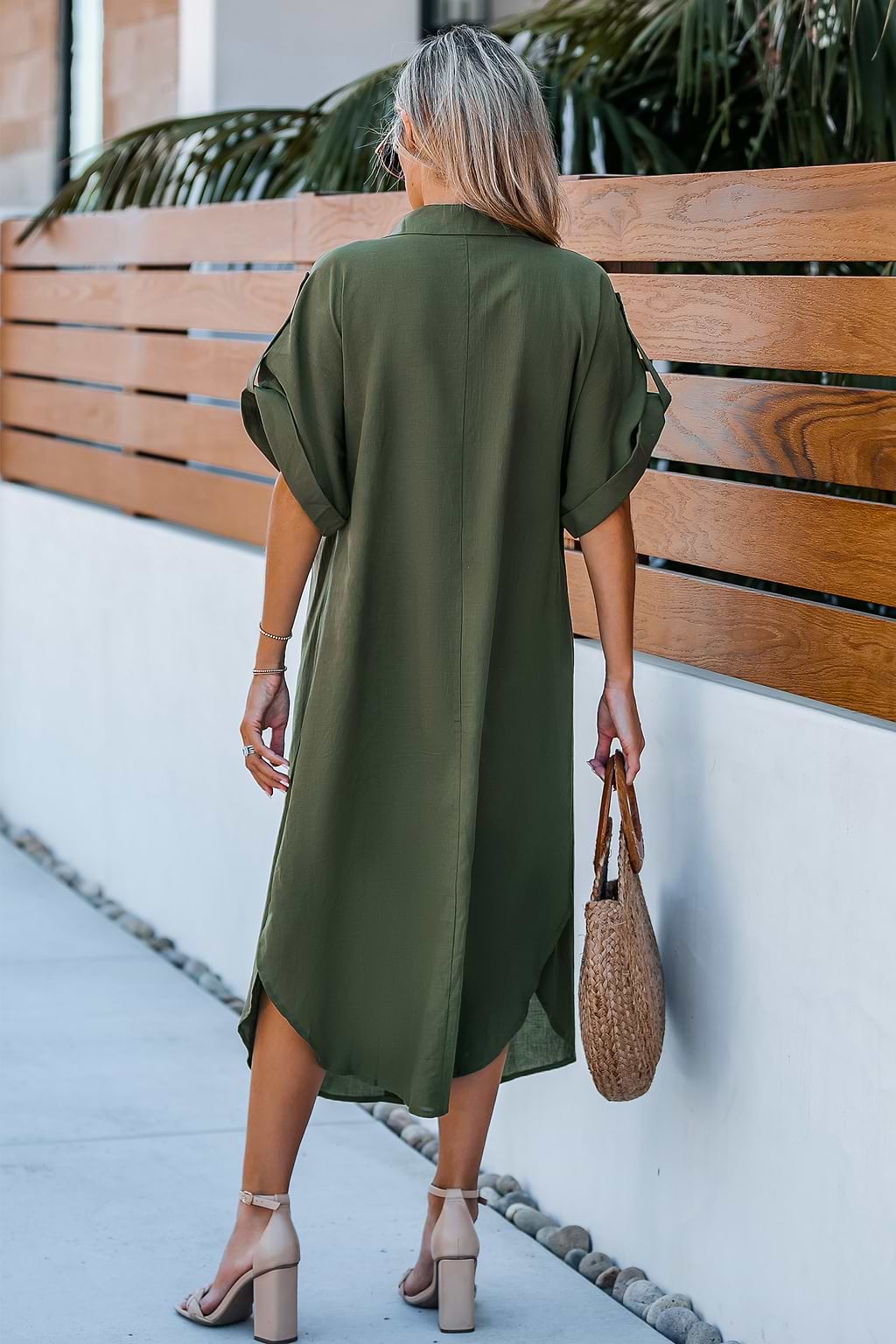 Olive Roll-Tab Sleeve Midi Dress