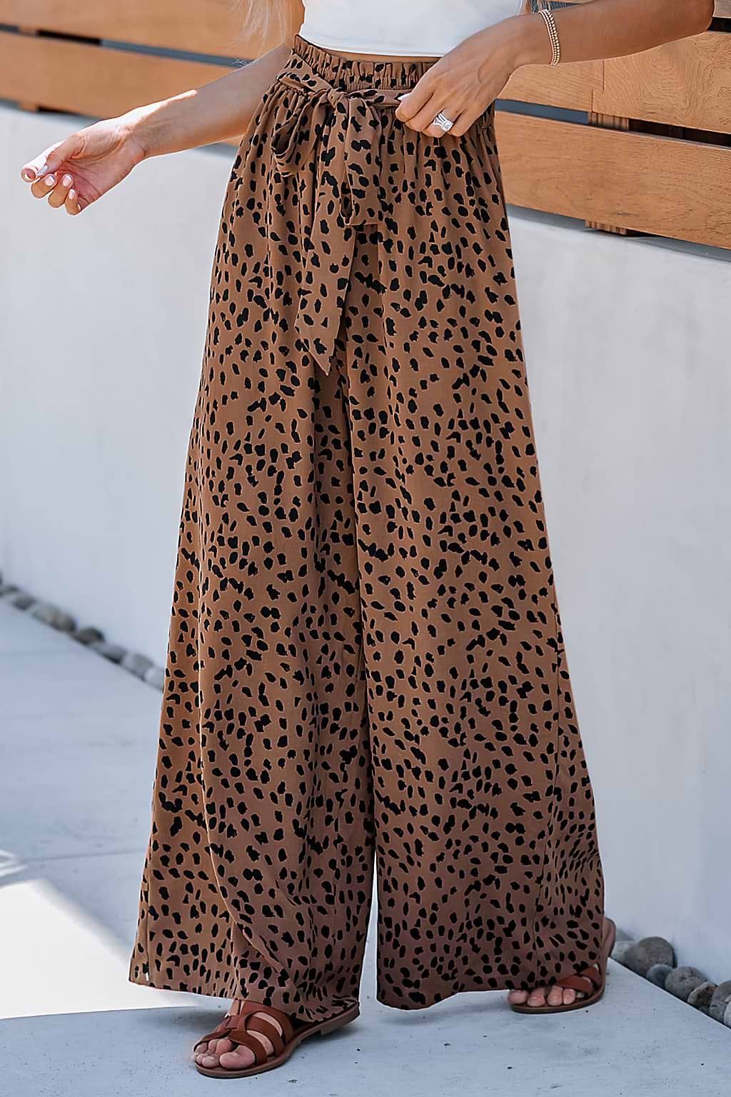 Belted Cheetah Print Wide Leg Pants