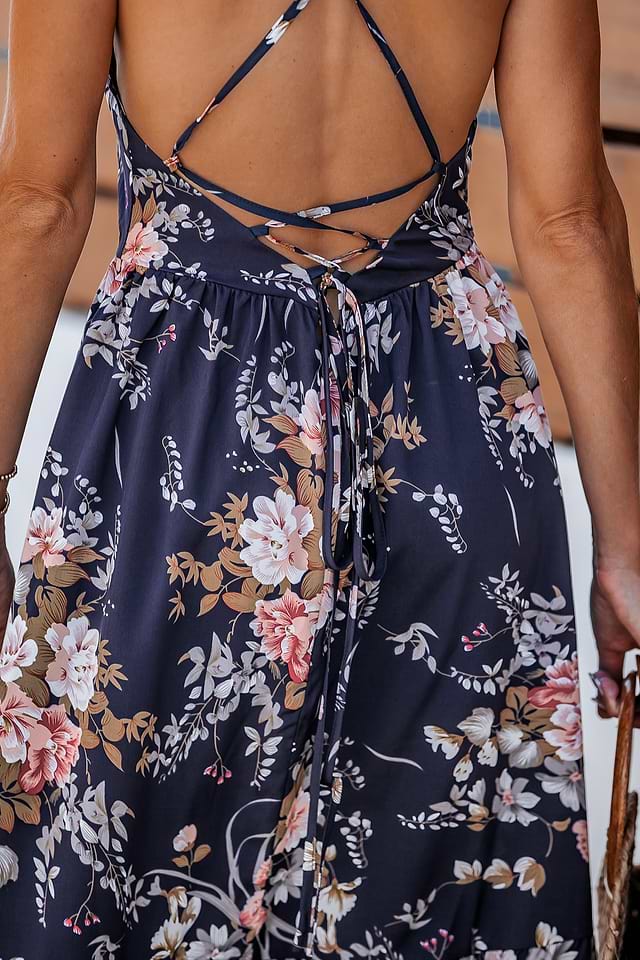 slim fit dress slacks Madara Lace-Up Back Maxi Dress Floral Blue main image 1