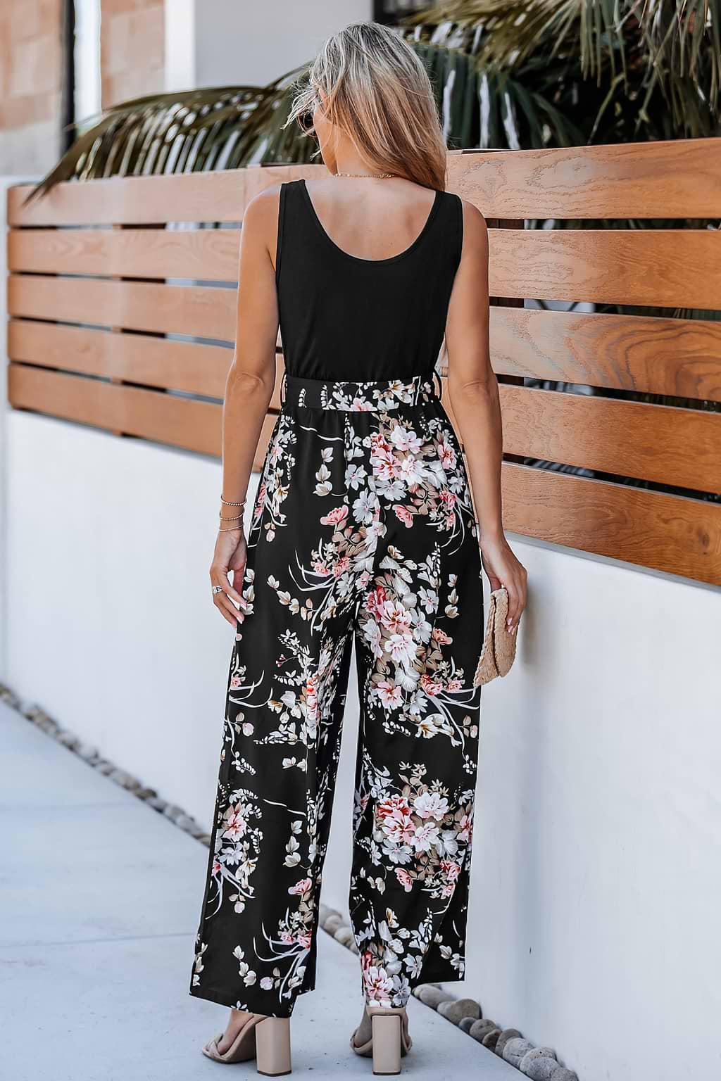 Belted Floral Print Wide Leg Jumpsuit