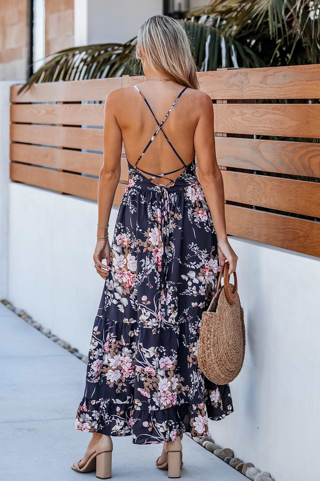 Floral Print Lace-Up Maxi Dress