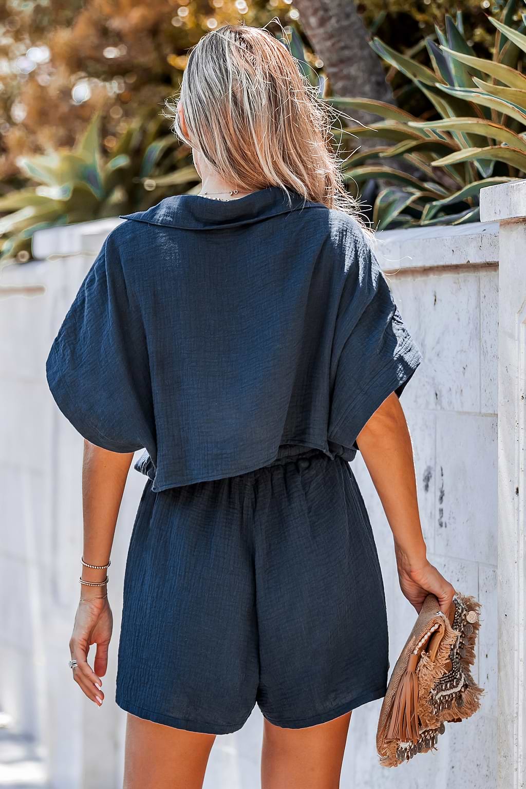 Combishort en pur coton tissé à cordon et dos nu