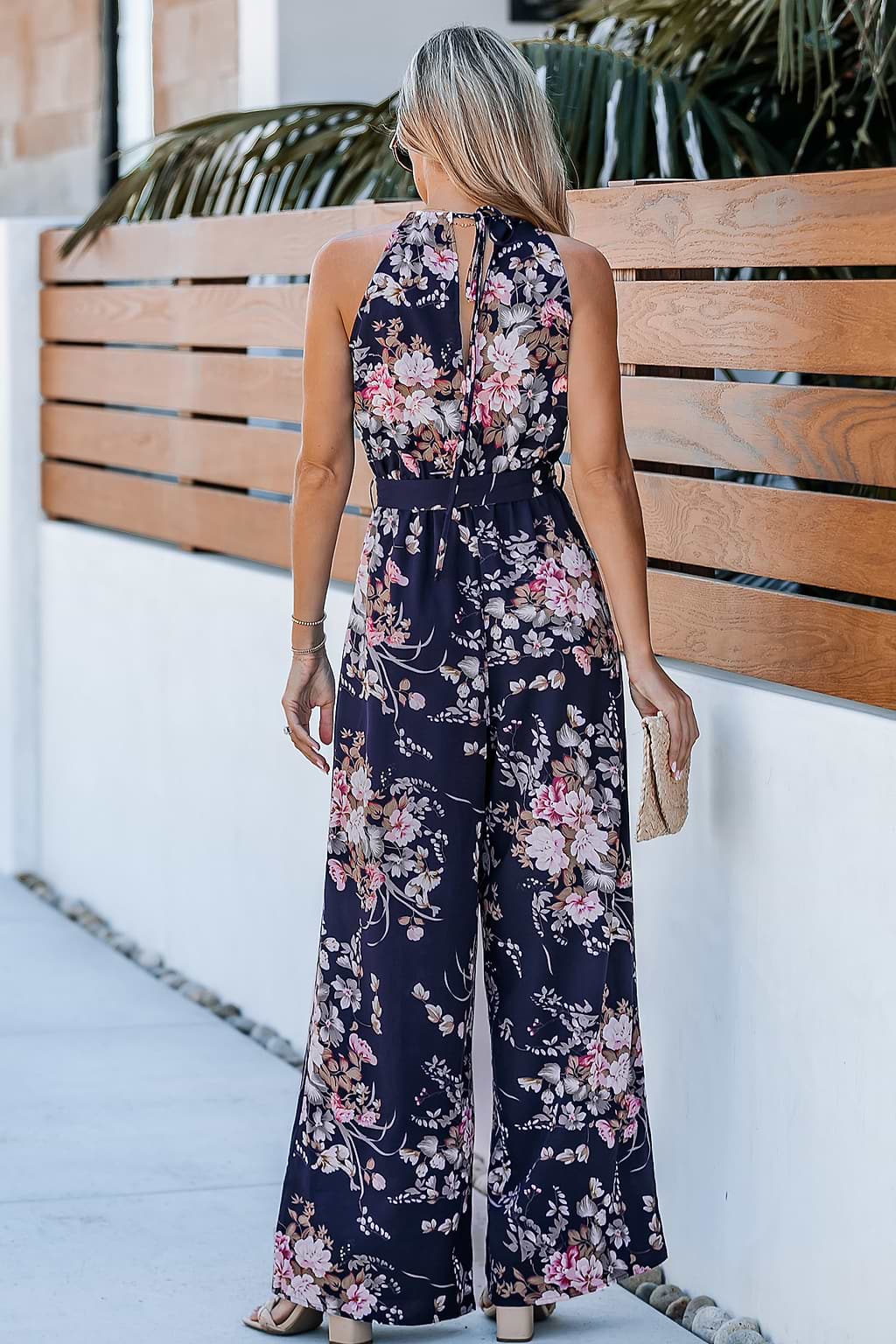 Floral Print Belted Sleeveless Jumpsuit