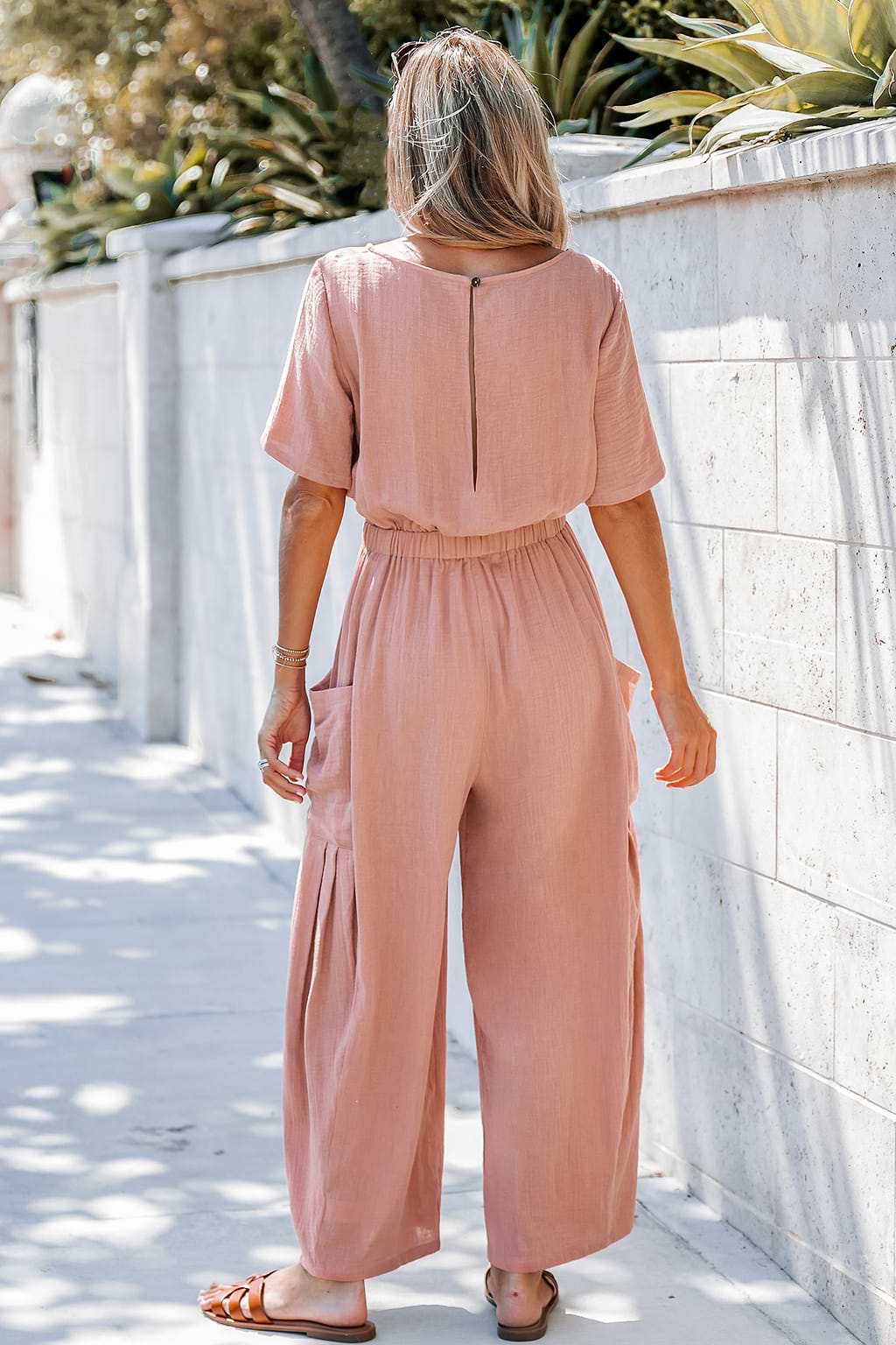 Blush Pink Linen-Blend Jumpsuit