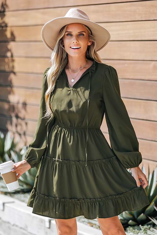 Olive Green Tie Neck Mini Dress Olive Green Tie Neck Mini Dress