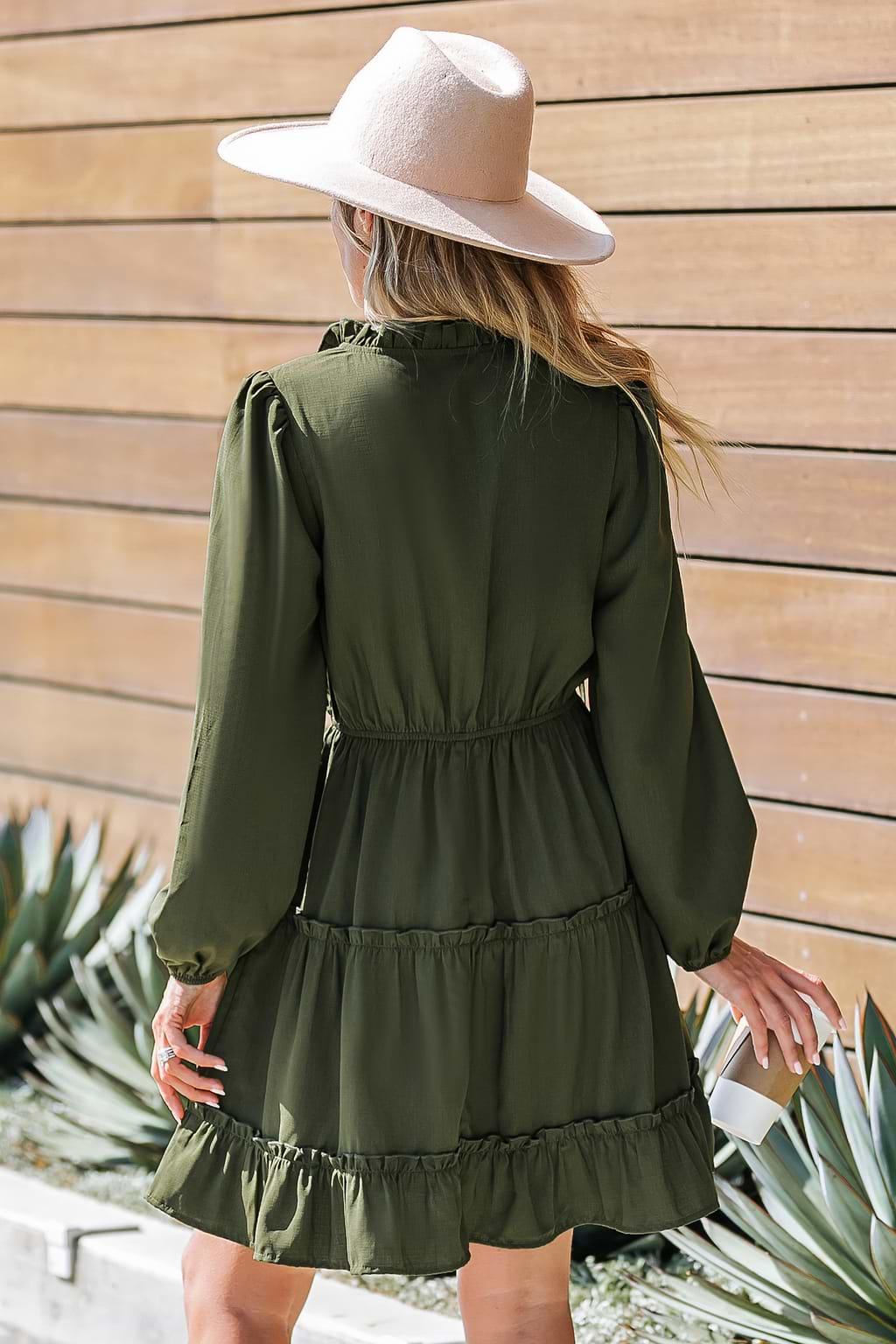 Olive Green Tie Neck Mini Dress