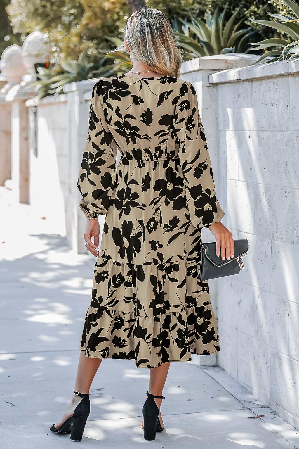 Floral Print V-Neck Ruffled Midi Dress