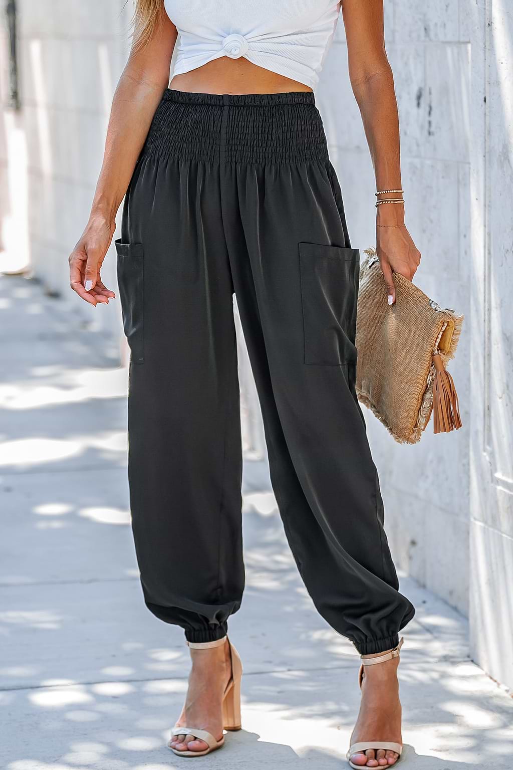 Smocked High Waist Ruched Joggers